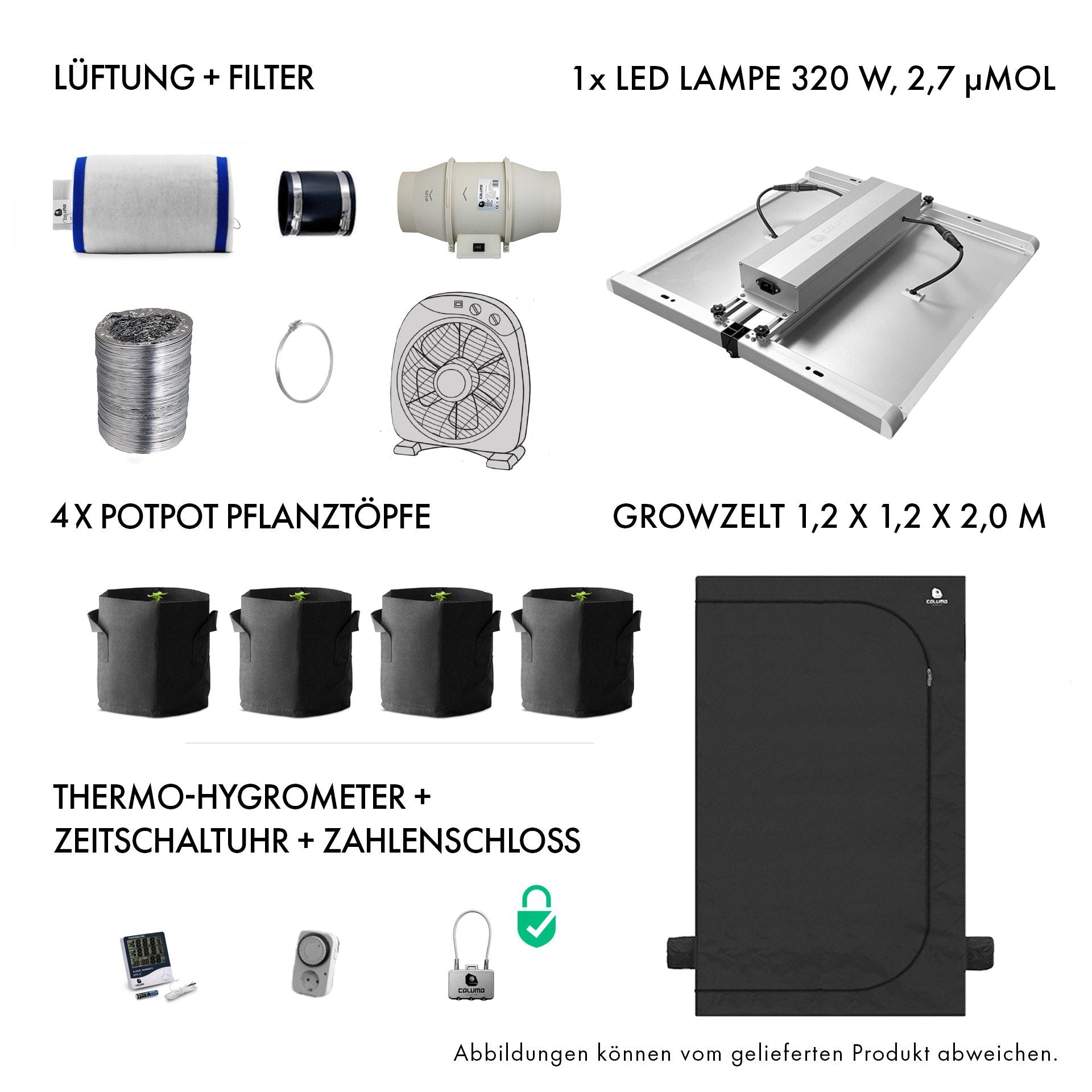 Caluma Growset XL (120 x 120, 320 W Premium - Lüftungsset) - GrowXL GmbH